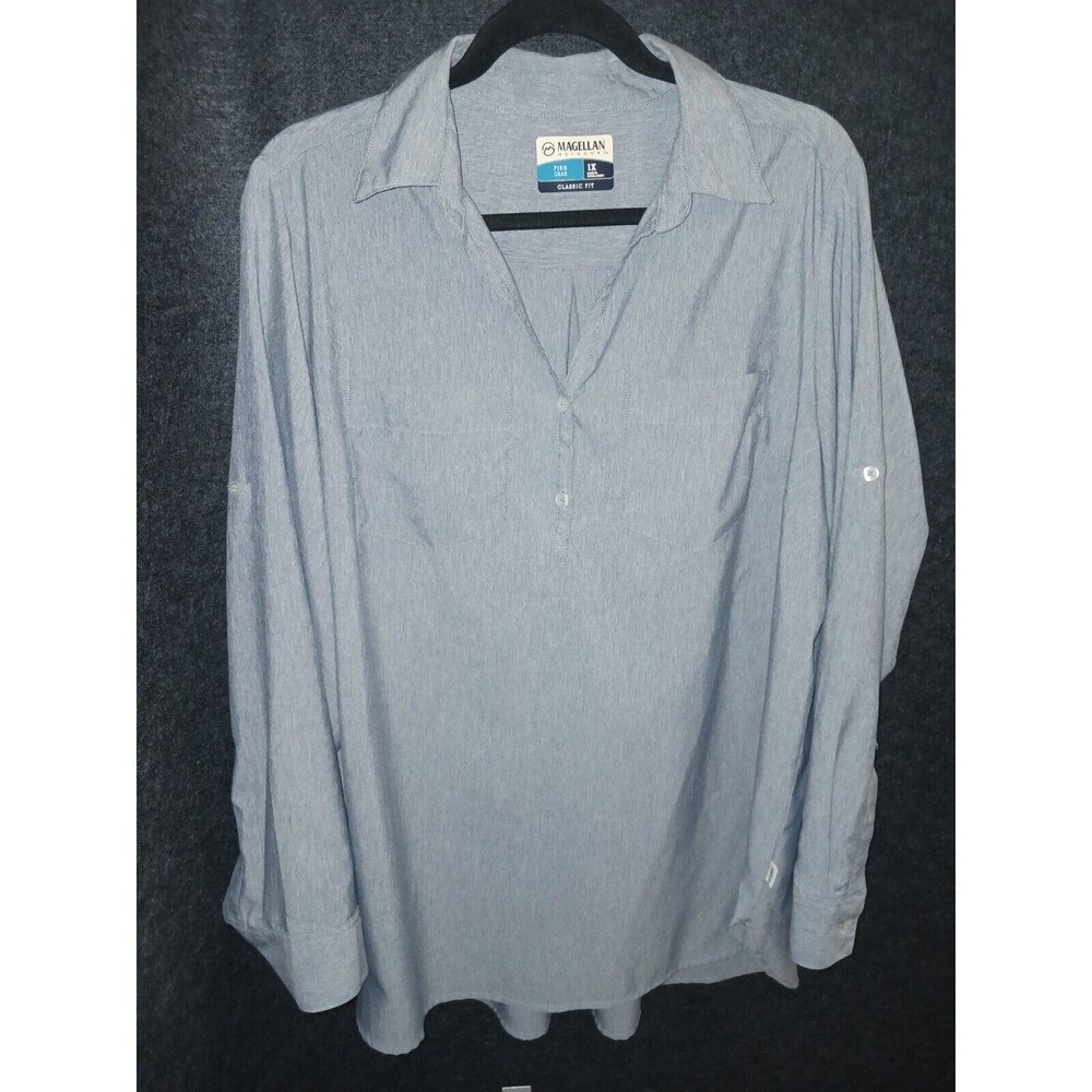 Magellan Fish Gear‎ Shirt Womens 1X Gray Blue Long Sleeve Roll Tab Classic Fit
